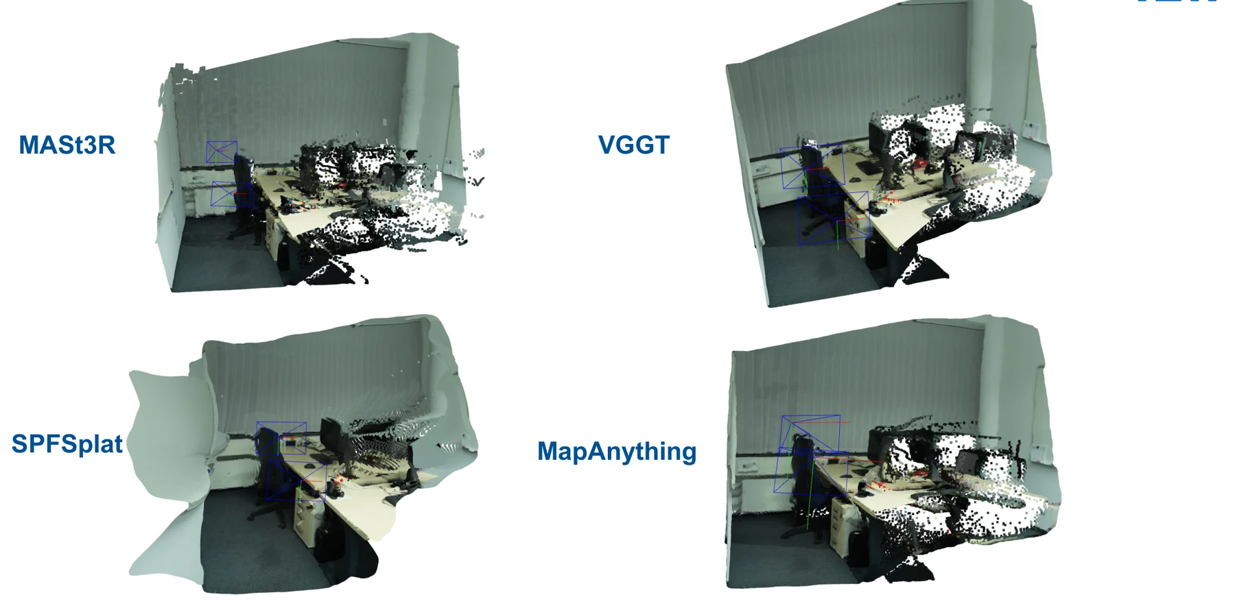 Four point-cloud reconstructions of the same office scene produced by MASt3R, VGGT, SPFSplat and MapAnything.