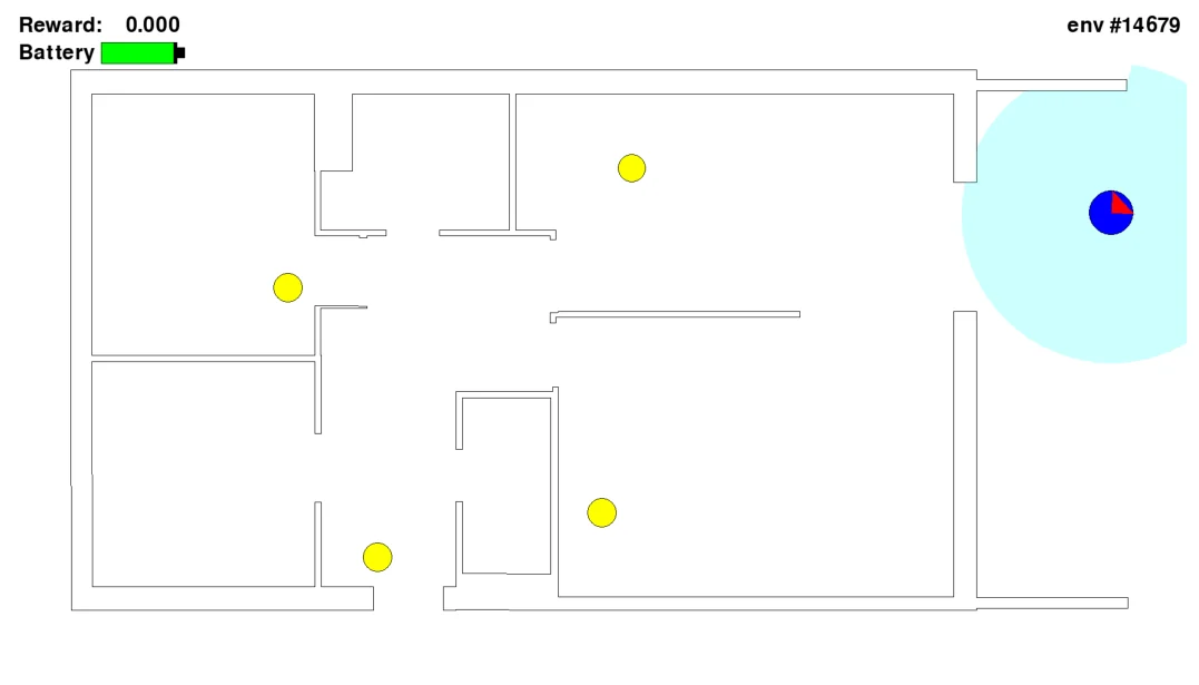 Top-down floor plan of the search-and-rescue environment: the UAV is a blue circle and the target objects are yellow dots inside the building.